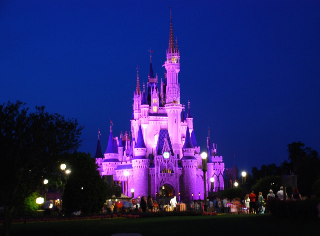 Christmas at Disneyworld, photo showing the Disney Cinderella Castle illuminated at night for the parade