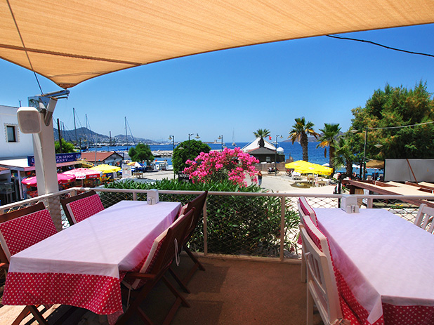 Kosede Steak & Wine House upper terrace with views overlooking the Aegean Sea