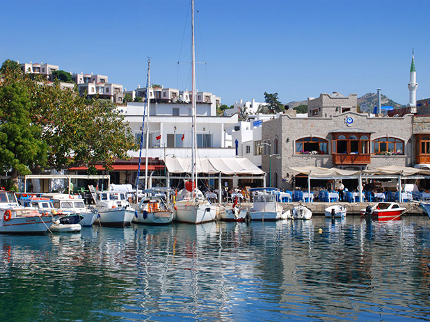 Yalikavak old fishing port lined with restaurants and bars boasting stunning sea views