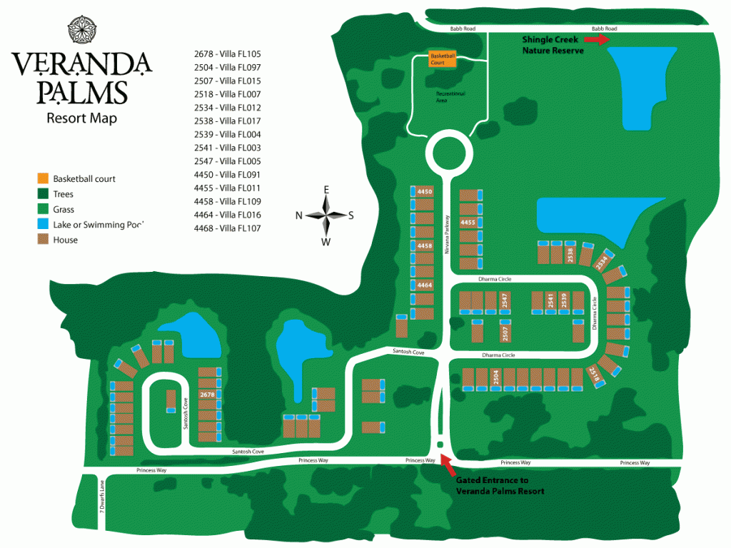 Veranda Palms Resort Map showing the location of villas, roads, facilities and lakes