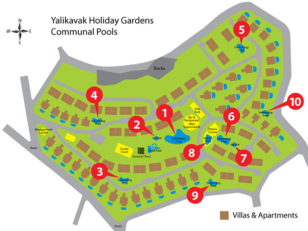 Site plan showing the locations of the 10 communal pools within the Yalikavak Holiday Gardens Resort