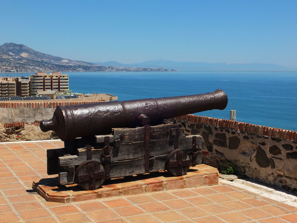 Photograph showing the stunning views and one of the cannons on the Sohail Castle, Fuengirola
