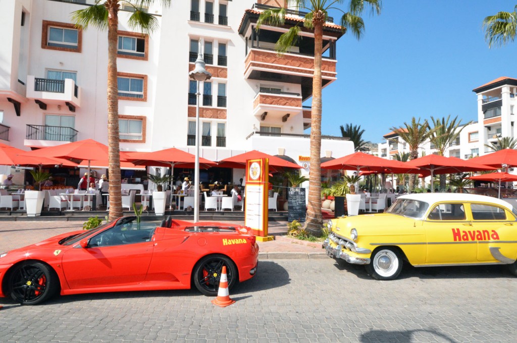 Havana Restaurant at the Agadir Marina with the owners red Ferrari on display