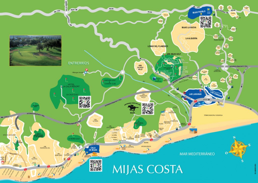 Mijas Costa map showing detailed information on urbanisations, beaches, golf courses and more
