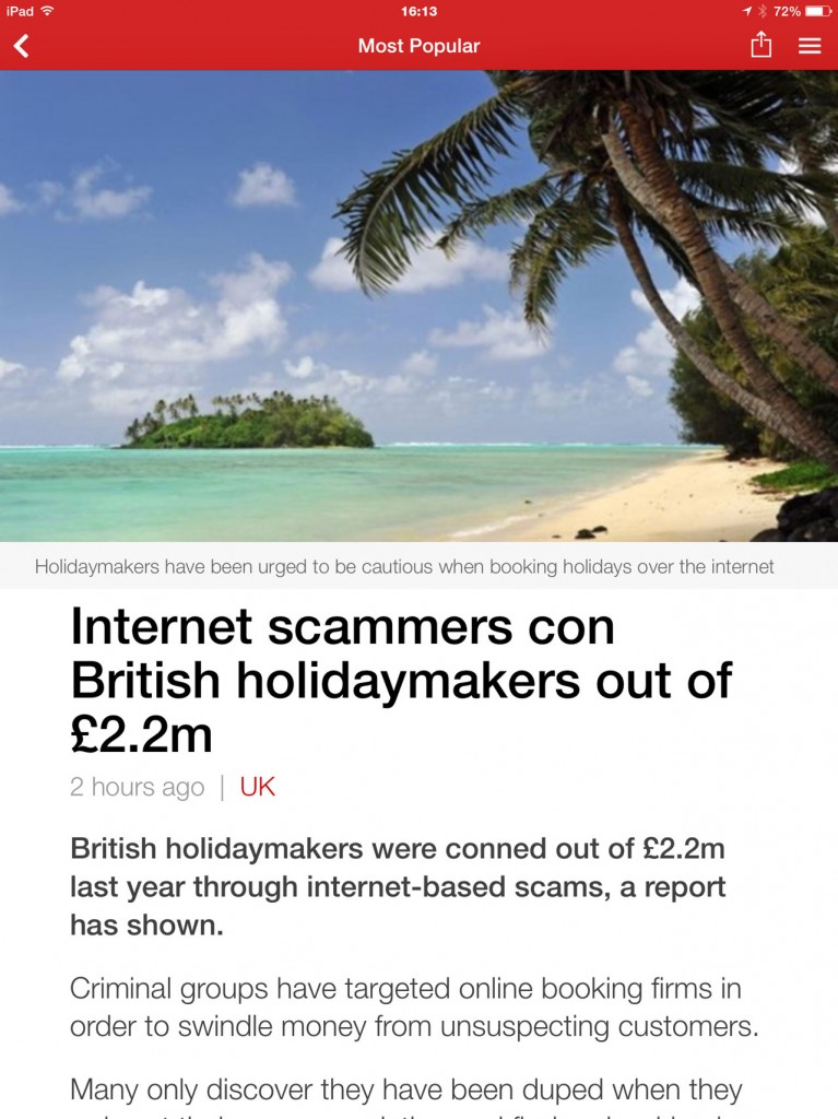 BBC website highlighting British holidaymakers are 2.2 million out of pocket due to internet scammers