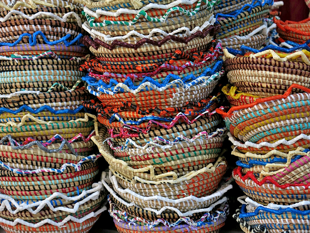 Colourful baskets on sale at the Marbella Monday market - photo by Steve Braund