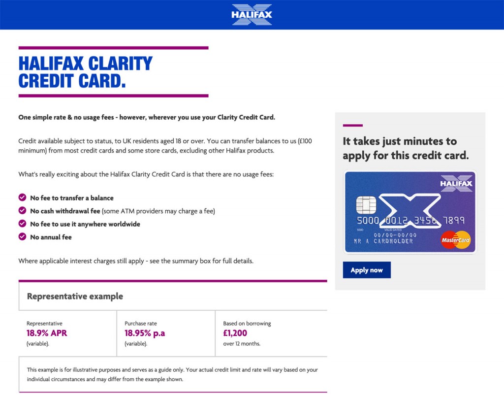 Halifax Clarity credit card website page