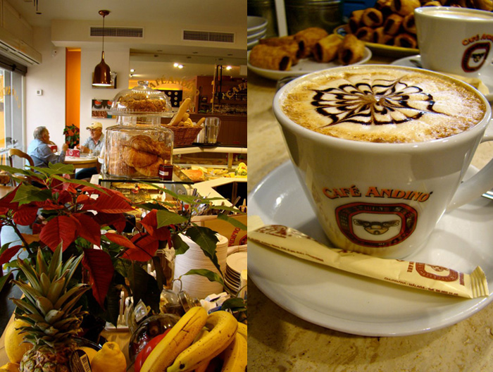 Inside Café Andino (left) and a cup of 100% natural Colombian coffee (right)