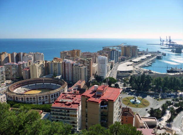 Malaga City in Spain showing the Bullring and stunning skyline